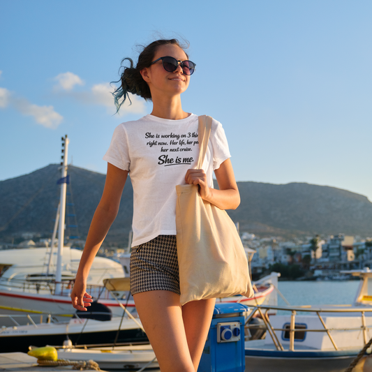 She’s working on three things right now: her life, her peace, and her next cruise. She is me.